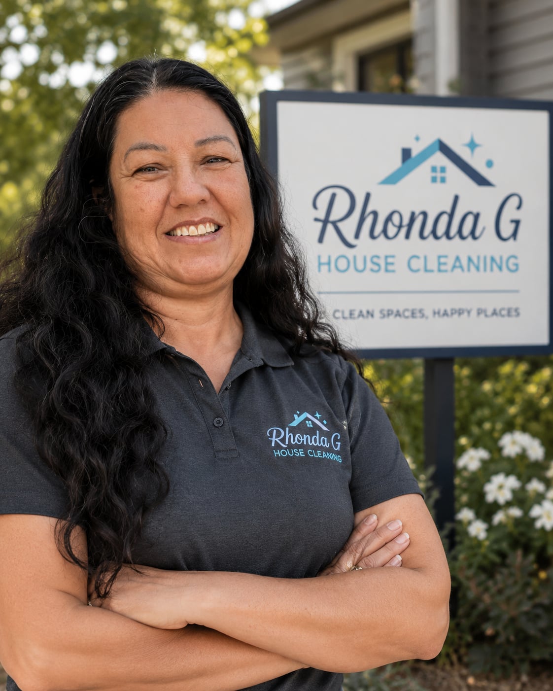 Rhonda Gutierrez, founder and CEO of Rhonda G House Cleaning, in front of her sign in Longmont, CO